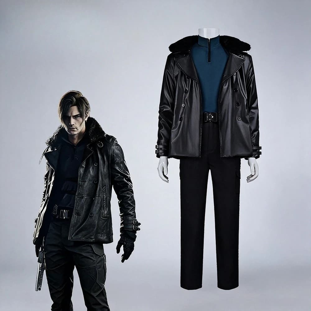 Costume Cosplay Leon Kennedy RE9 Evil, Set Giacca Bomber e Pantaloni in Pelle PU, Tattico per Halloween e Carnevale
