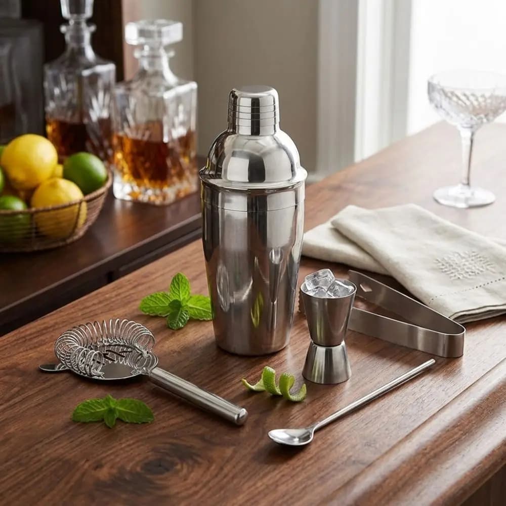 Professional Stainless Steel Cocktail Shaker Set Measuring Jigger Strainer Muddler Bartender Kit Mixology Tools Bar
