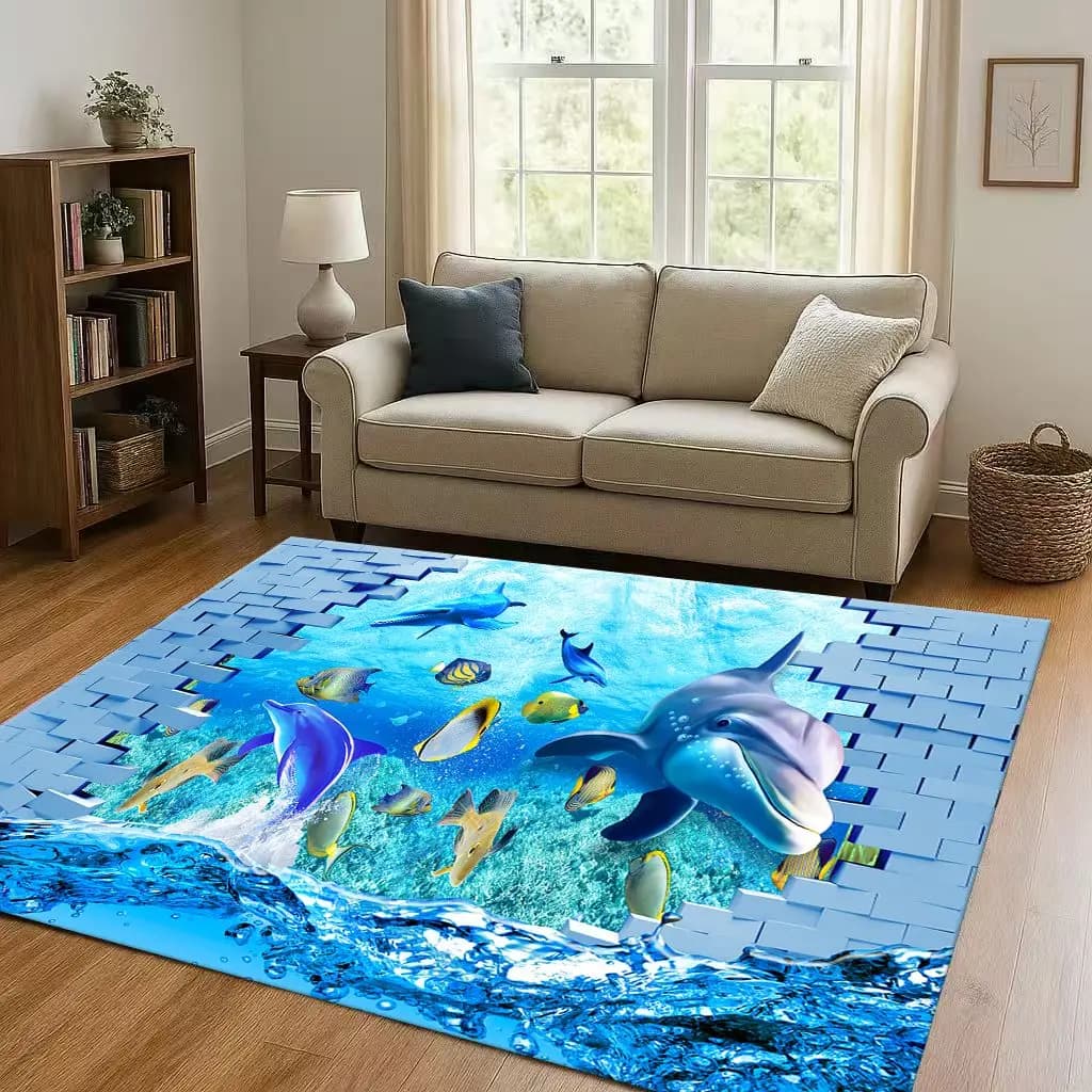 3D Illusion Underwater World Breaking Wall Living Room Non-Slip Area Rug Carpet for Bedroom Playroom Sofa,Home Decor Doormat