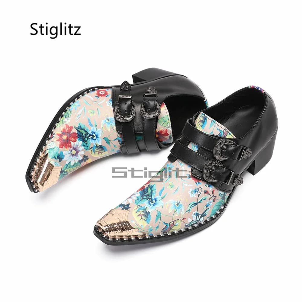 Scarpe da uomo in pelle con stampa floreale, doppia fibbia, punta in metallo dorato, mocassini con tacco alto in pelle bovina, stile britannico, scarpe eleganti da cerimonia