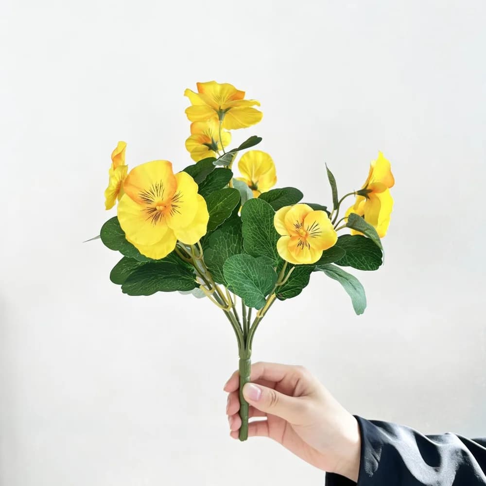 30cm Artificial Pansy Flowers Bouquet Silk Five Fork Silk Fake Flowers Tricolor Violet UV Resistant Artificial Green Plants
