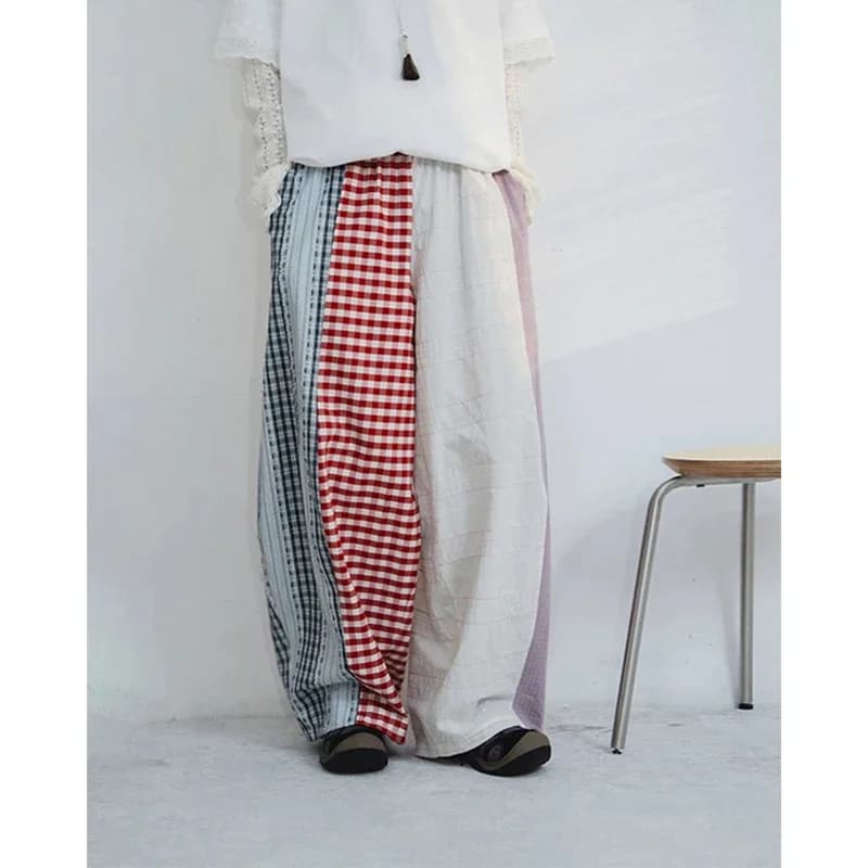 Harajuku Wide Leg Pants Women Fashion Plaid Patchwork Pants Summer New Vintage Casual Straight Female Trousers