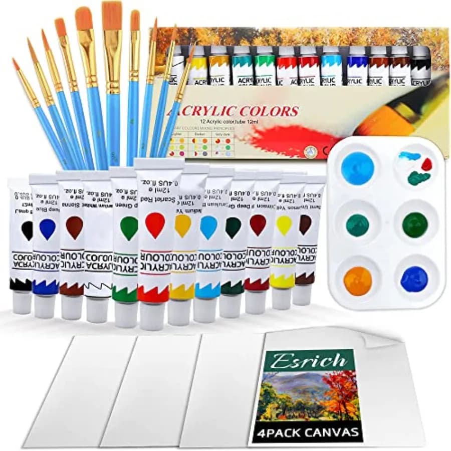Acrylic Paint Set, Paint with 10 Paint Brushes ml Acrylic Paint, 1 Palettes and 4 Pcs Canvas for Students, Artists and Beginner