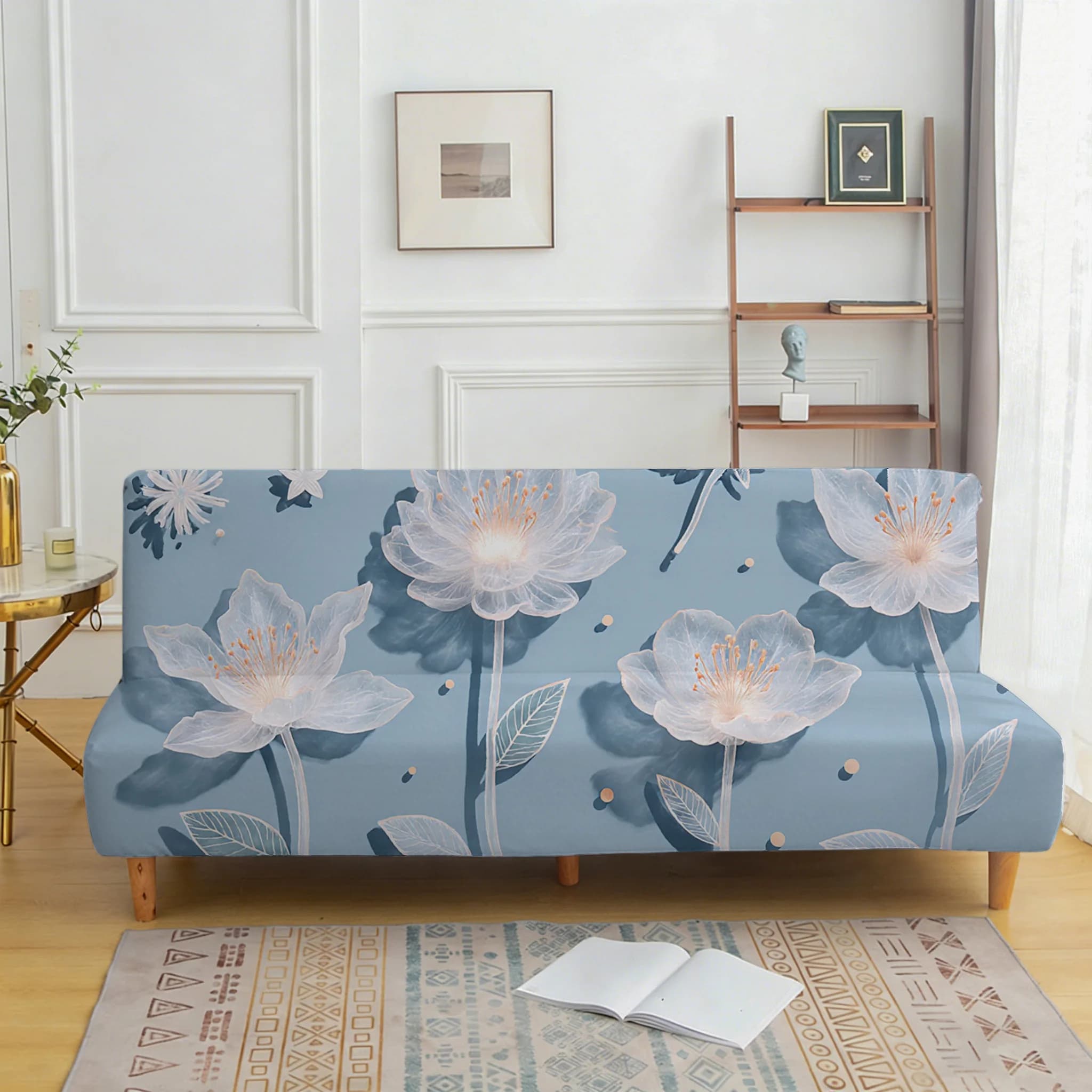 Cover in blue yarn with floral pattern, sleeveless elastic sofa cover, protective cover for dustproof and non-slip furniture