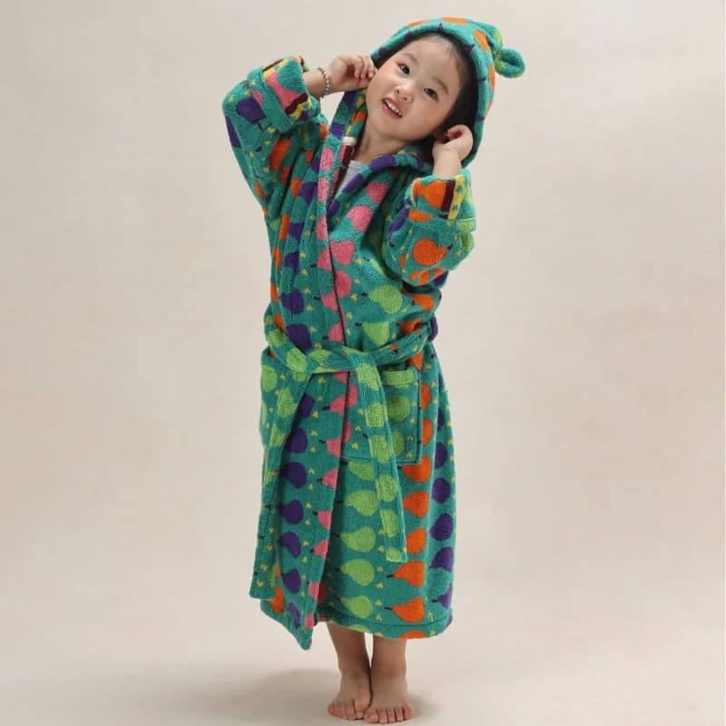 Kids Winter Sleepwear Bathrobe Boys Girls Print Pear Cotton Velet Nightwear Hooded Warm Homewear Casual Long Sleeve Home Clothes