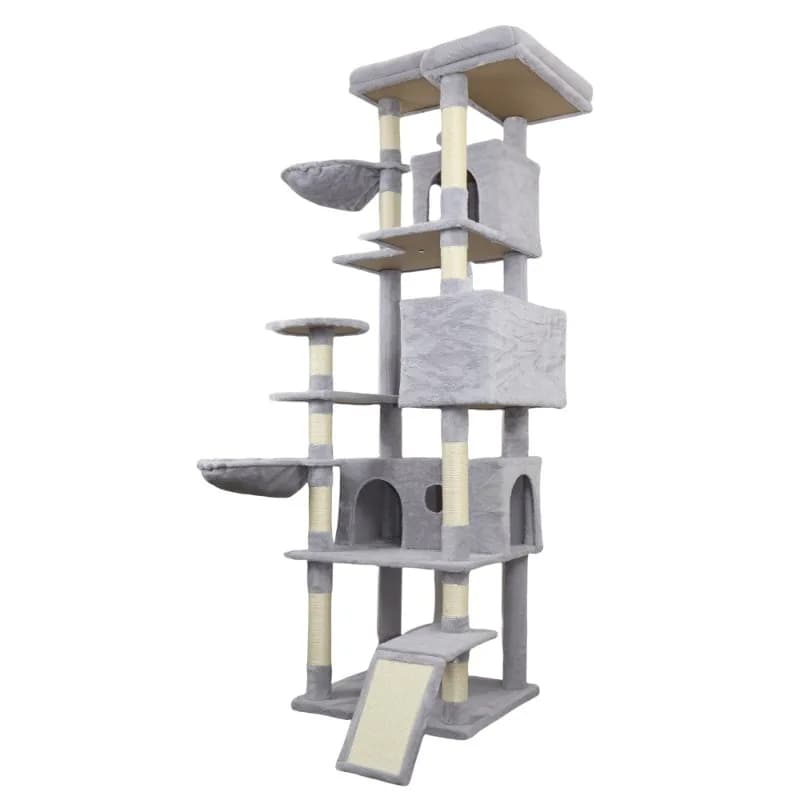 Torre per gatti grigio chiaro con diverse piattaforme e giocattoli interattivi mobili per gatti multistrato per arrampicata e rilassarsi