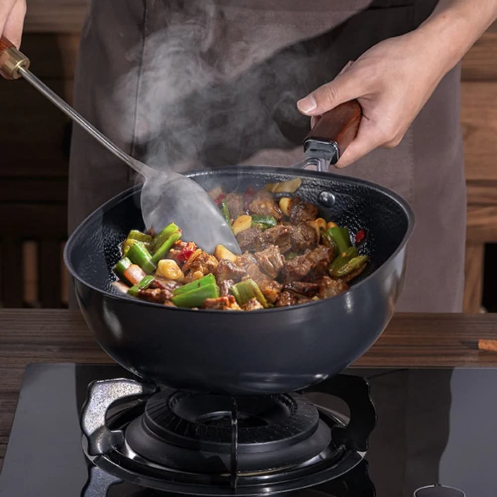 Padella Quadrata in Ferro Raffinato con Manico in Legno, Fondo Piatto, Coperchio Trasparente, Mini Pentola per Ristorante