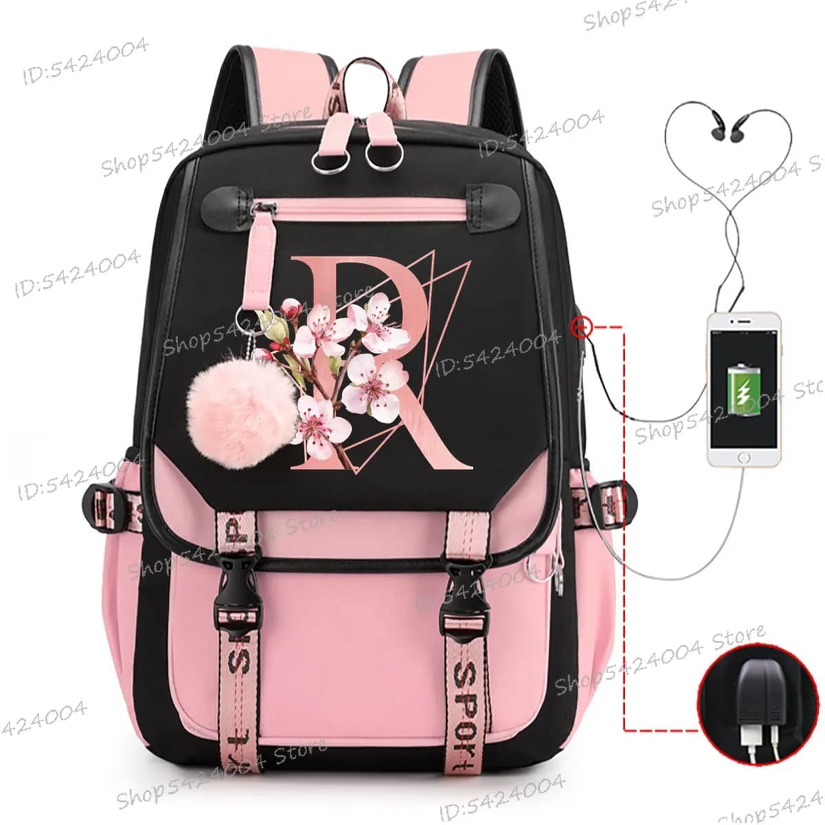 Borse da scuola per studenti universitari Rosa Sakura Letters R Zaino da viaggio alla moda Ragazze adolescenti Nero Rosa Cartella AZ Cartella a fumetti