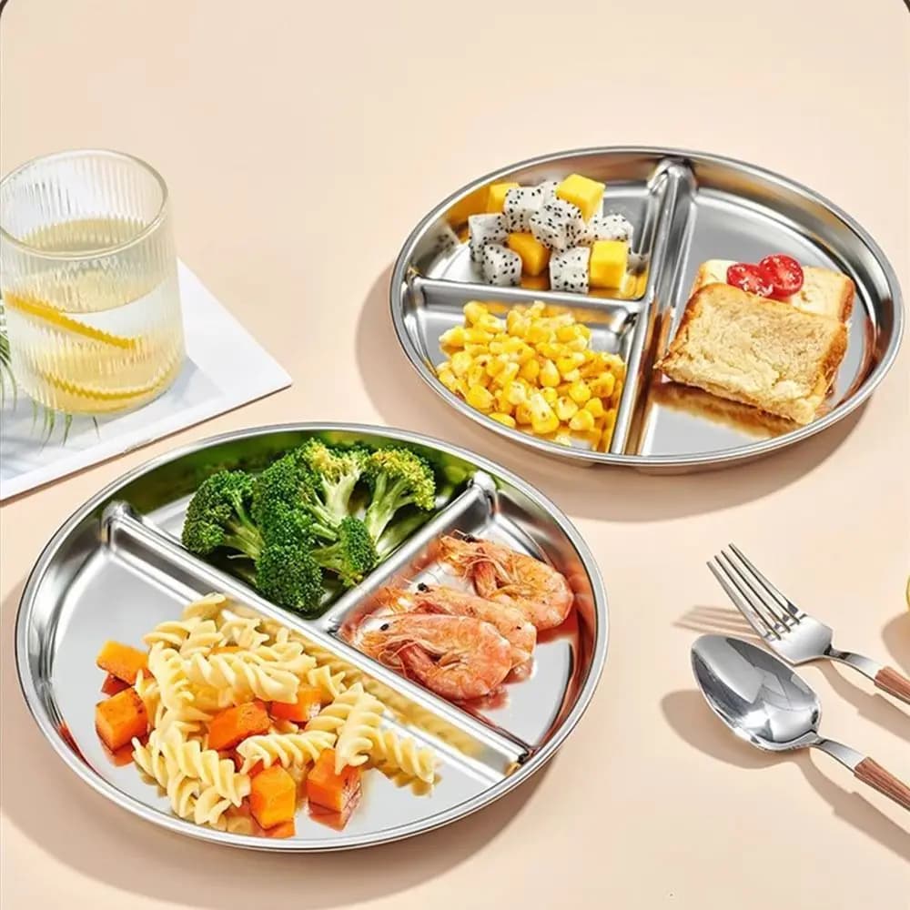 Unbreakable Portion Control Plate Reusable 304 Stainless Steel Divided Dinner Plates Round Weight Loss 3 Compartment Food Tray
