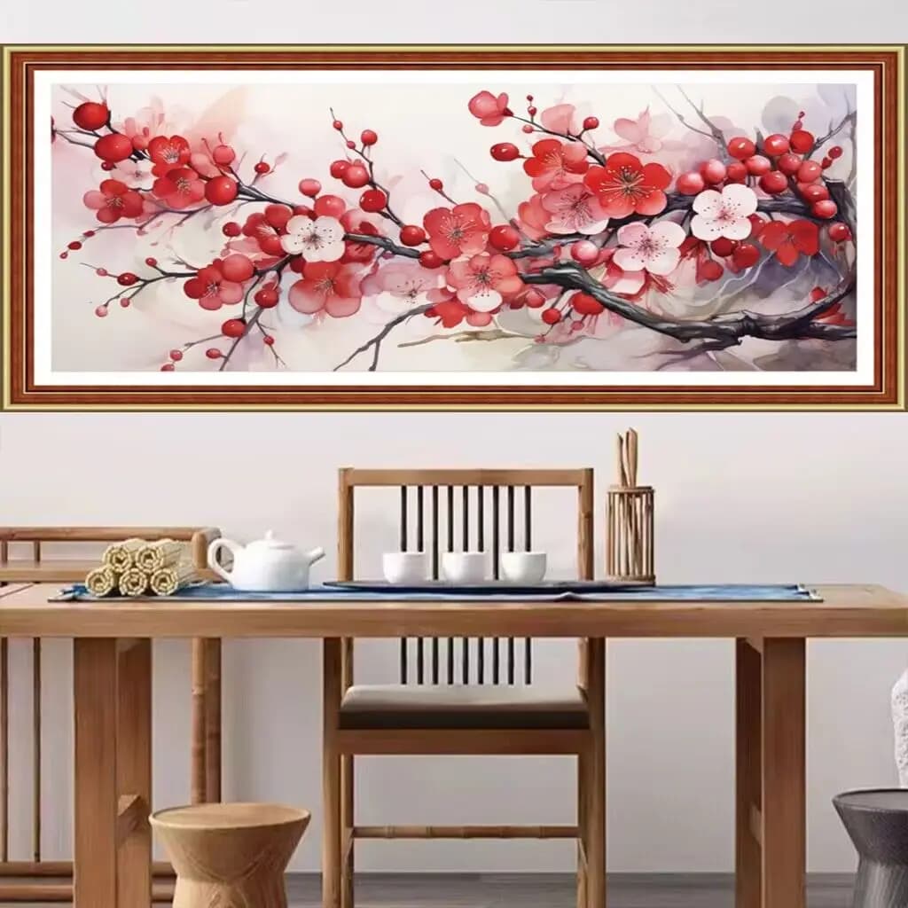 9ct 110x50cm Red Flowers Embroidery DIY Chinese Style Printed Kits Cross Stitch Needlework Set Home Decor Crafts