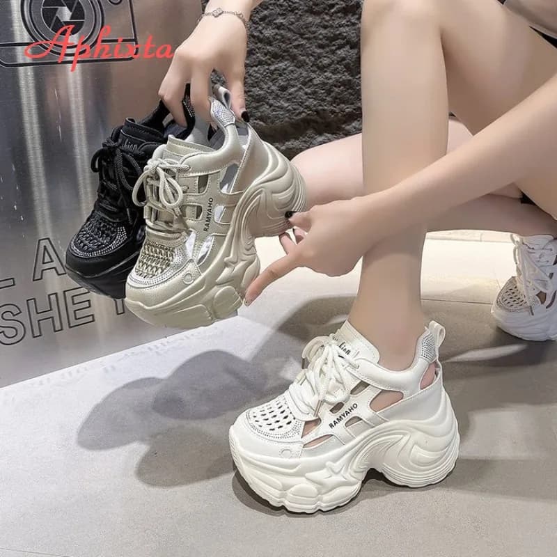 Women Hollow Platform Sneakers Rhinestone Cutout Back Open Chunky Dad Shoes Lace Up 10cm High Wedge Sandals Casual Sports Shoes