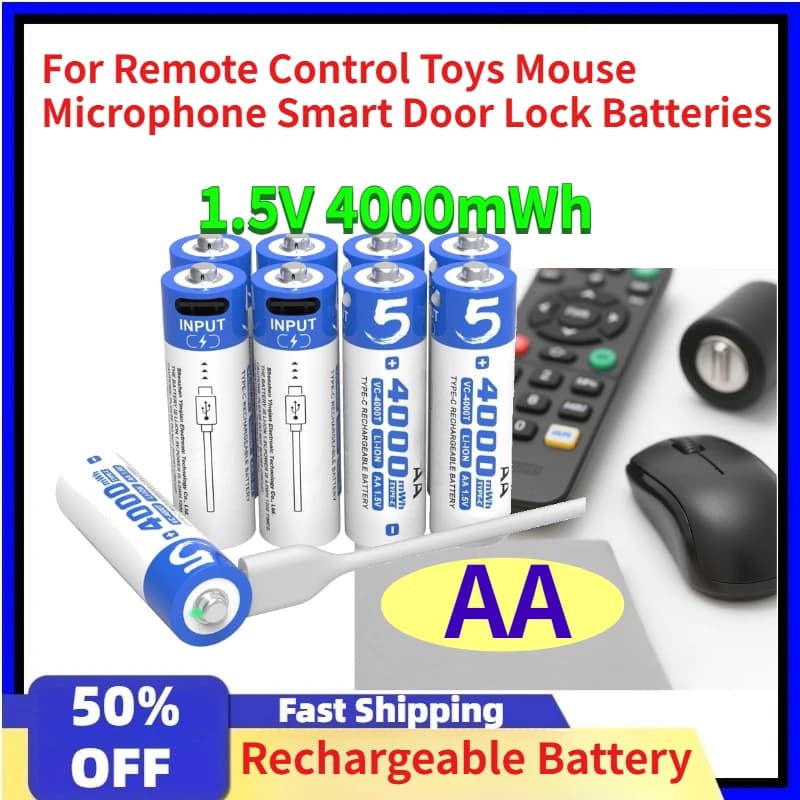Batteria Ricaricabile Li-ion AA 1.5V 4000mWh Tipo-C per Telecomandi, Giocattoli, Mouse, Microfoni, Serrature Intelligenti, Sostituibile
