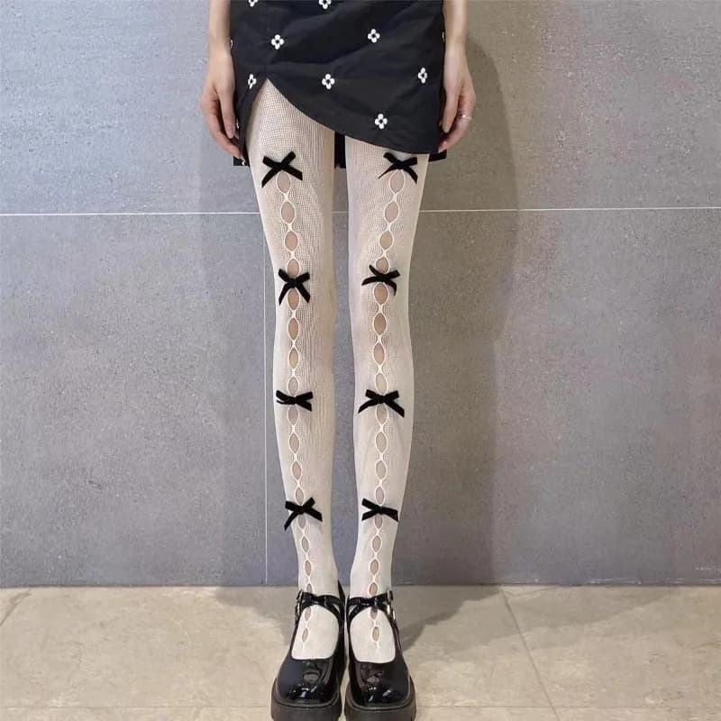 1/6 Paia di Calze a Rete Ultra Sottili Lolita con Fiocco, Bianche, Design Sexy e Traspirante, Modello 2026