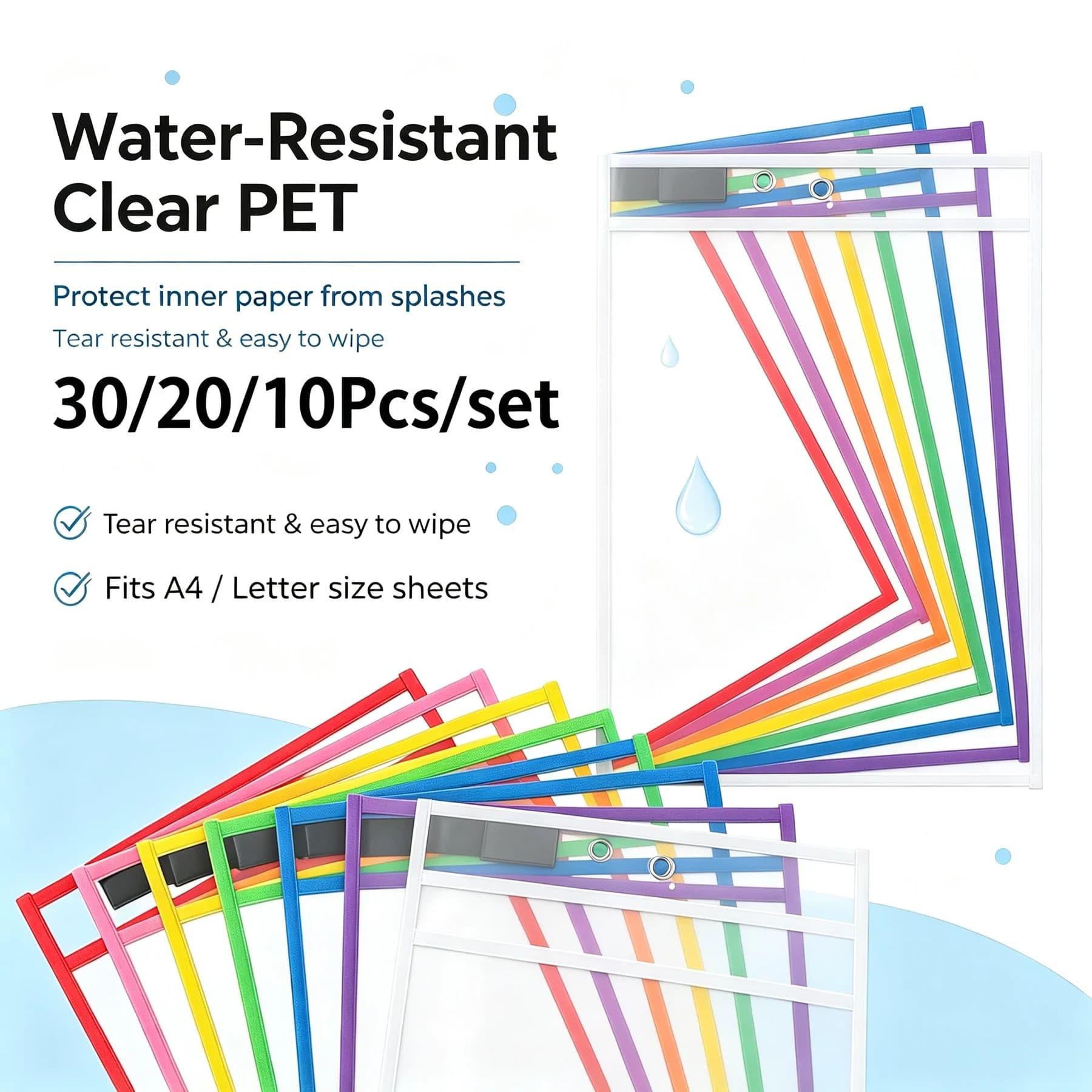 30/20/10Pcs A4 Dry Erase Whiteboard Pockets Set, Reusable Clear Sleeves Classroom Hanging Organizer, Water‑Resistant for Office