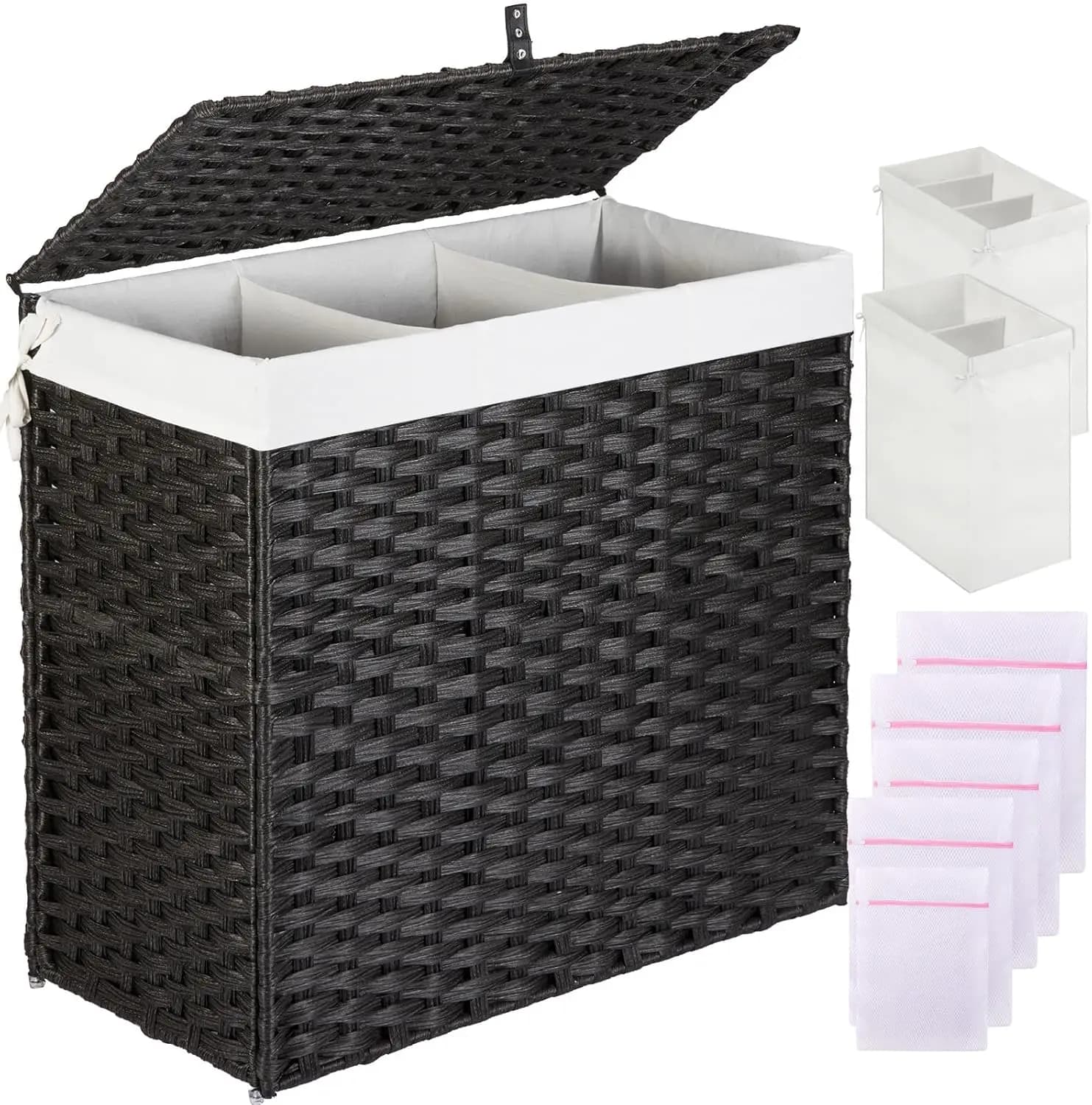 125L Large Whitery Basket with Cover, Removable Bags and Net Bags, Rattan Basket Braided Black Hand