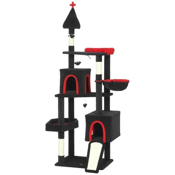 Albero per gatti gotico da 78', torre per gatti con letto a bara, 2 condotti spaziali, tiragraffi in sisal, palline per appendere pipistrelli, Halloween