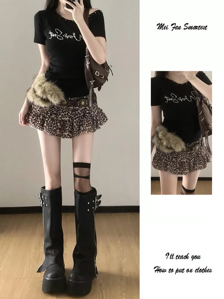 Retro Style Leopard Print Skirt Women's High Waist A-Line Short Skirt Summer New Arrival Commute Korean Style Half Skirt