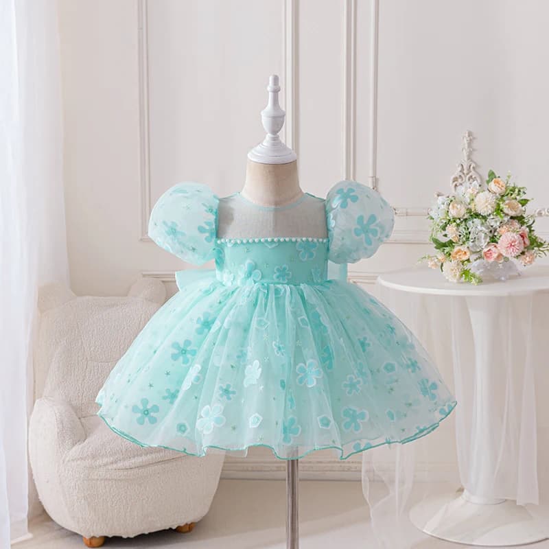 Abito da principessa con maniche a palloncino per bambini Decorazione stampata a fiori Abiti estivi a maniche corte con scollo tondo per bambini