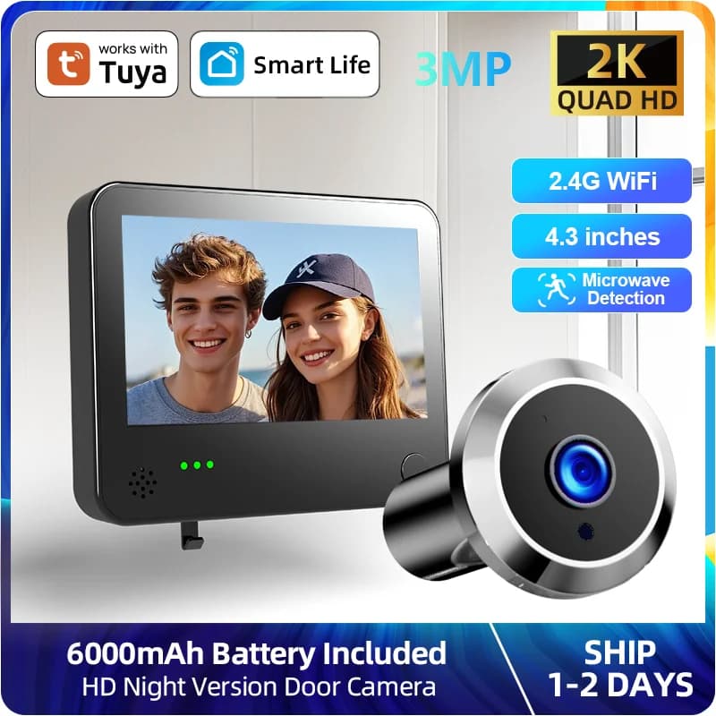 Telecamera di Sicurezza per Porta Tuya Smart con Spioncino Digitale, Schermo da 4,3 Pollici, 3MP, Visione Notturna 2K, Rilevamento Movimento PIR