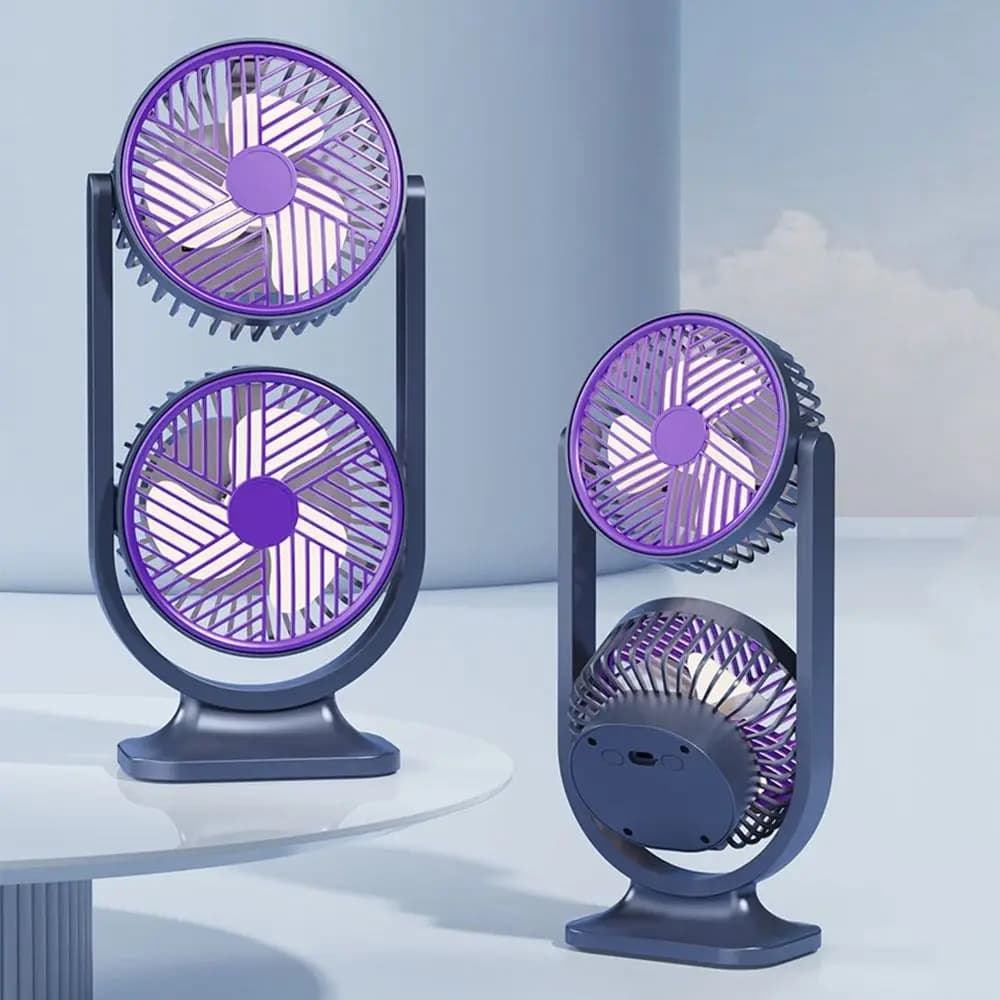 5 Gear Dual-Head Desktop Fan Night Light USB Rechargeable Double Head Desk Fan Low Noise Independent Control Air Circulation Fan
