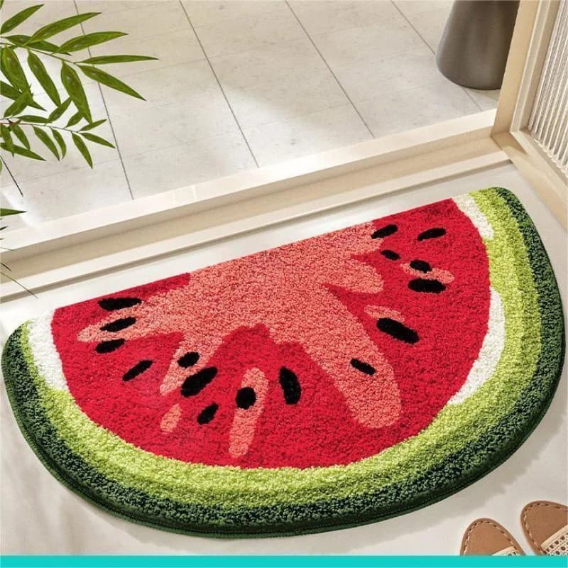 VIKAMA Cute 3D Watermelon Fruit Plush Bath Mat Non Slip Quick Dry Water Absorbent Floor Rug Shower Room Bedroom Entry Home Decor