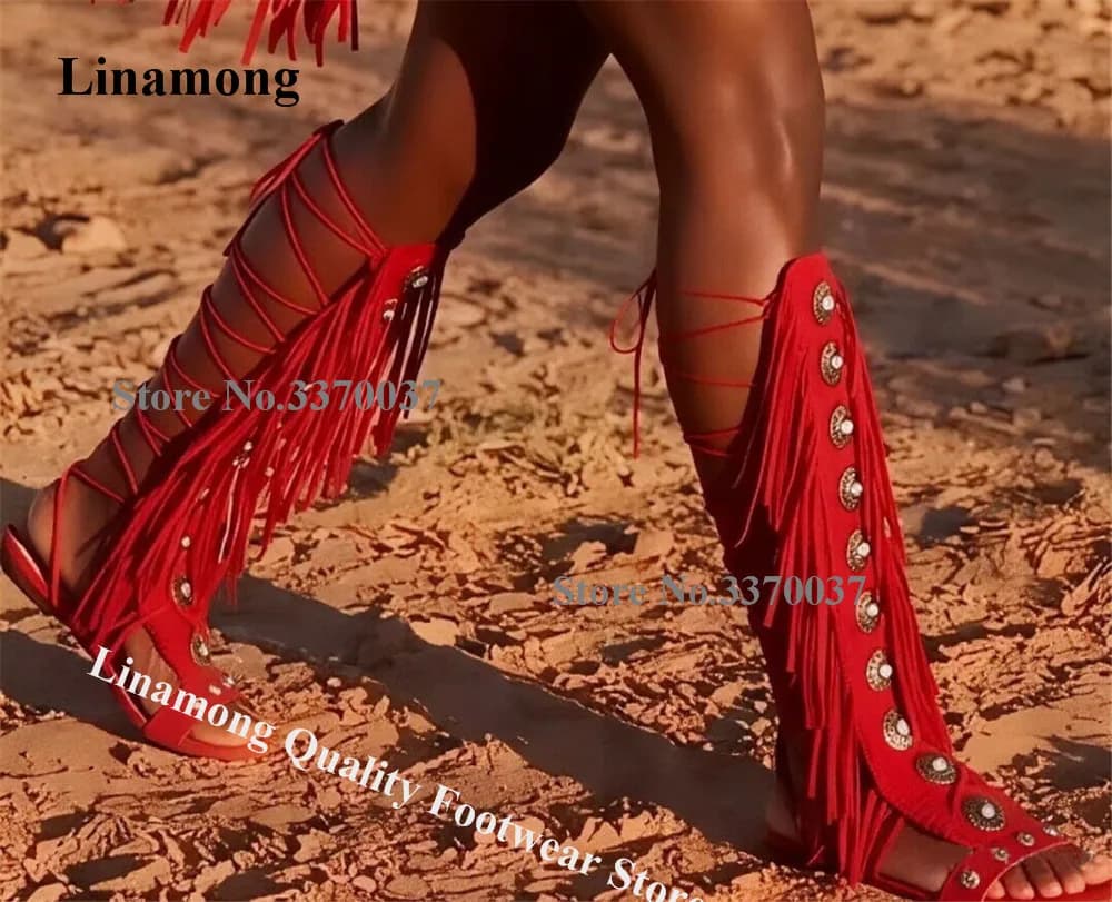 Linamong Red Brown Black Suede Tassels Rhinestones Flat Gladiator Boots Open Toe Lace-up Fringes Long Sandals