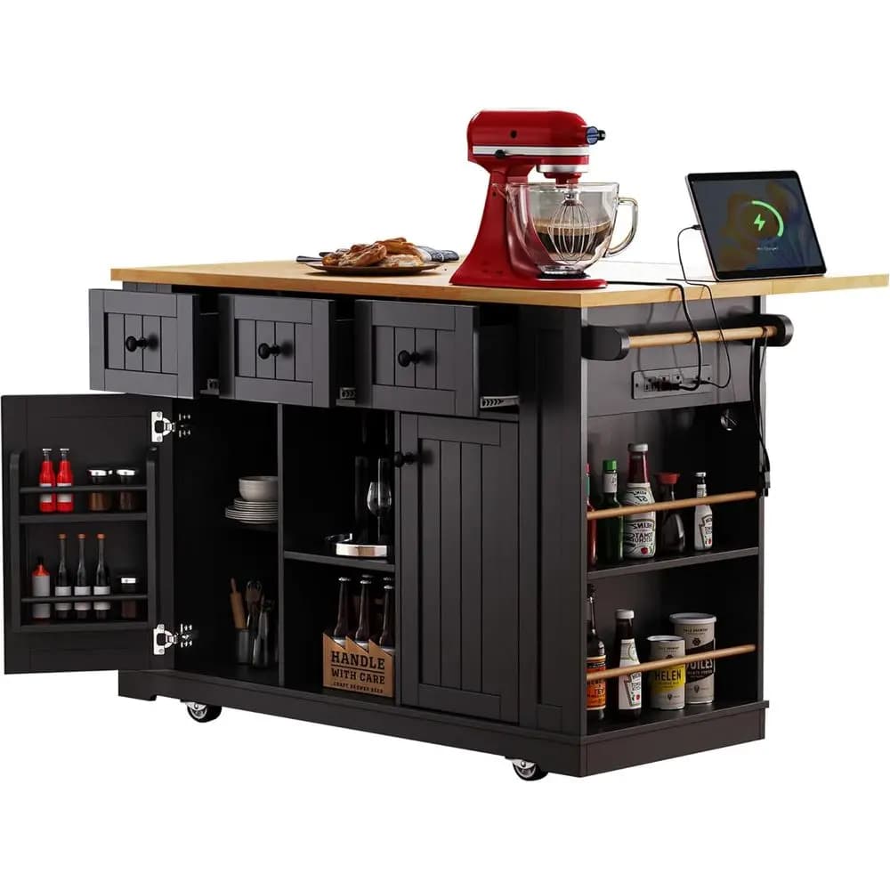 Carrello da Cucina Mobile 53 con Piano Ribaltabile, Armadietto, Stazione di Ricarica, Porta Spezie, Portasciugamani - Nero