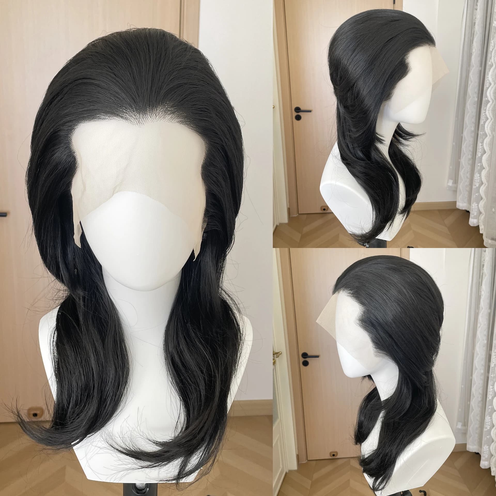 Widow‘s Peak Mullet Cosplay Wig for Men 13x4 Synthetic Lace Front Wig for Women Jet Black Rocker Shoulder Length Short Curly Wig