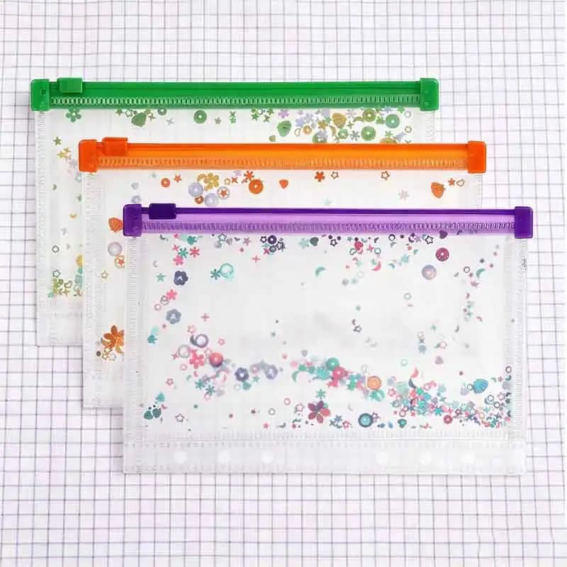 10Pcs A6 Plastic Binder Zipper Binder Pockets Clear Envelope Folders Planner Waterproof Pouch Filing with Sequin Decor