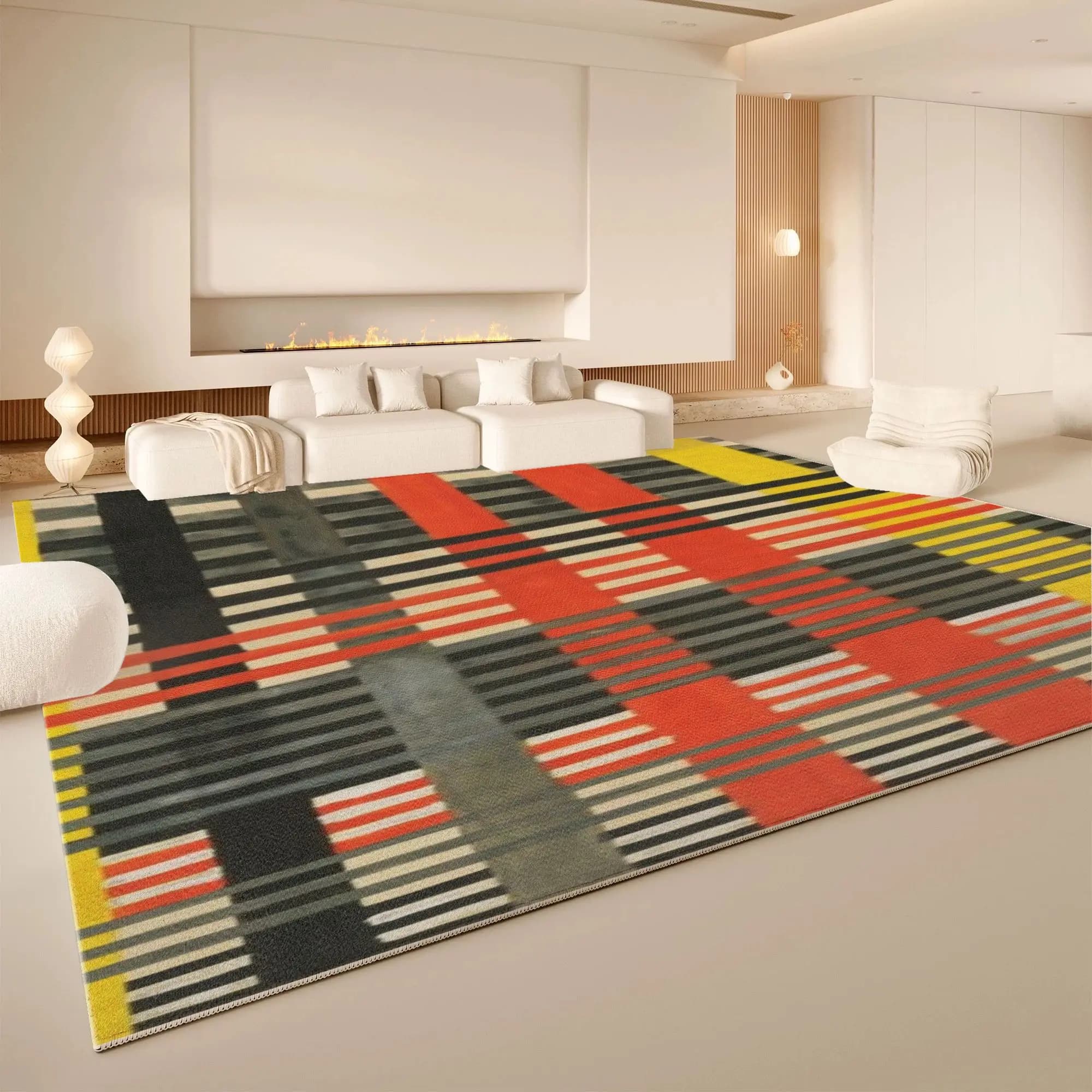 VIKAMA Retro Color Check Stripe Area Rug Non Slip Washable Living Room Carpet Modern Abstract Geometric Home Floor Rug