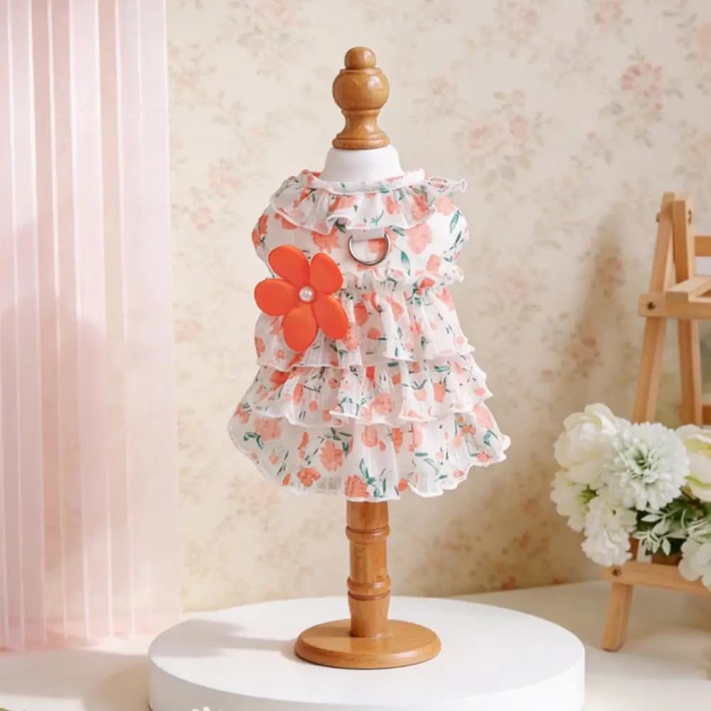 Small Dog Dress with Leash Attachment Floral Print Pet Dress with Pearl Metal Leash Ring Lightweight Puppy Skirt for Small