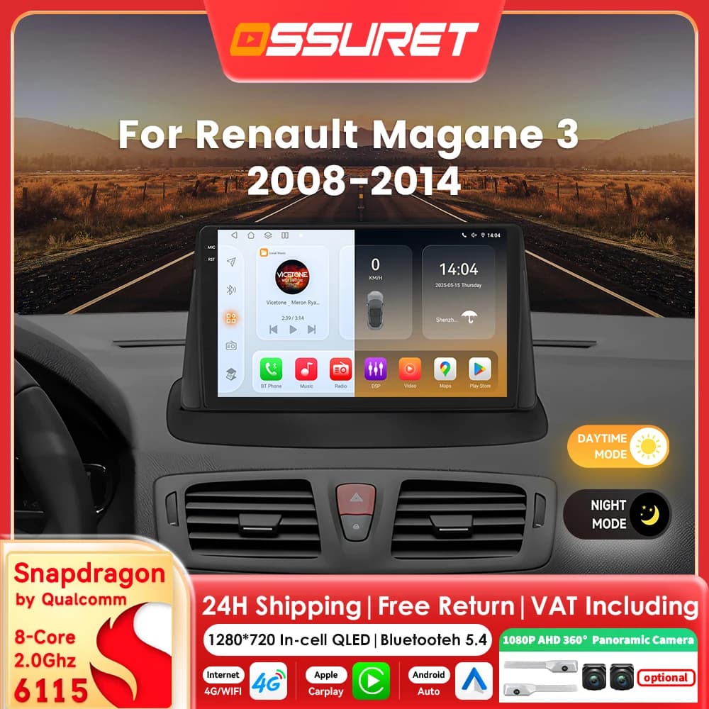9 "6115 Carplay Android 14 Autoradio per Renault Megane 3 Fluence 2008-2014 Multimedia Snapdragon Autoradio Stereo GPS 360 Macchina Fotografica