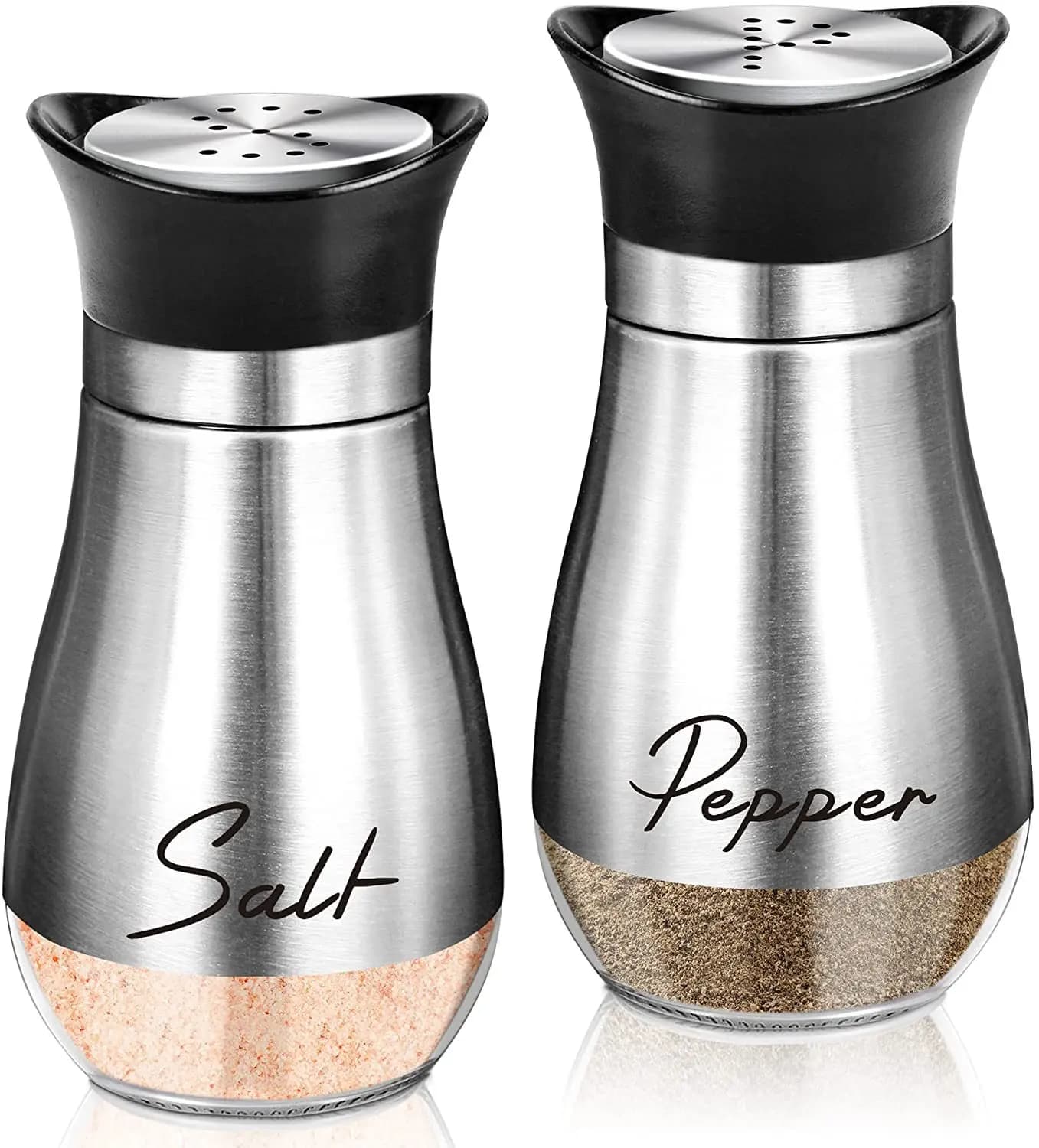 2 pezzi fondo in vetro con agitatori di sale e pepe in acciaio inossidabile Dispenser di spezie con fori per versare regolabili lattine per condimenti al pepe