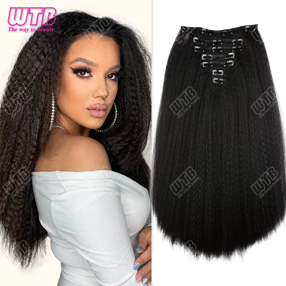 Synthetic Yaki Straight Clip In Hair Extensions 100G 7Pcs/Set Natural Black Hair Synthetic Hairpiece For Women