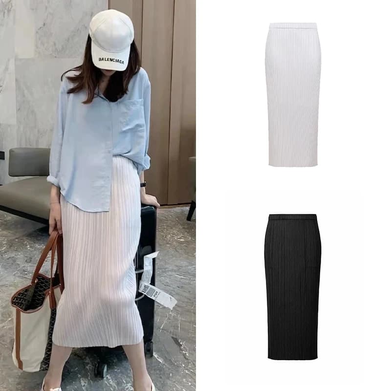 Gonna midi a vita alta, a tre quarti, plissettata, con elastico in vita, tinta unita, versatile, per business casual, estate 2024
