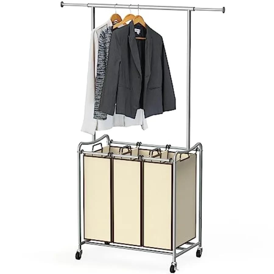 Carrello Portabiancheria Estensibile a 3 Scomparti con Barra Appendiabiti, Beige, Resistente