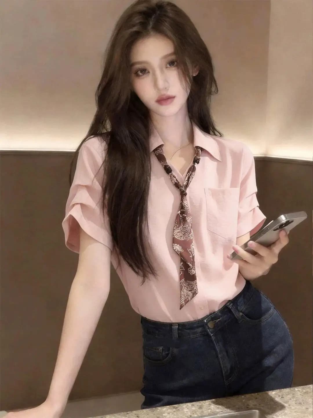 Pink Neck Silk Scarf Shirt Women's Summer New Unique Beautiful Age-Defying Lovely Top Korean Style Loose Fit Short Sleeve