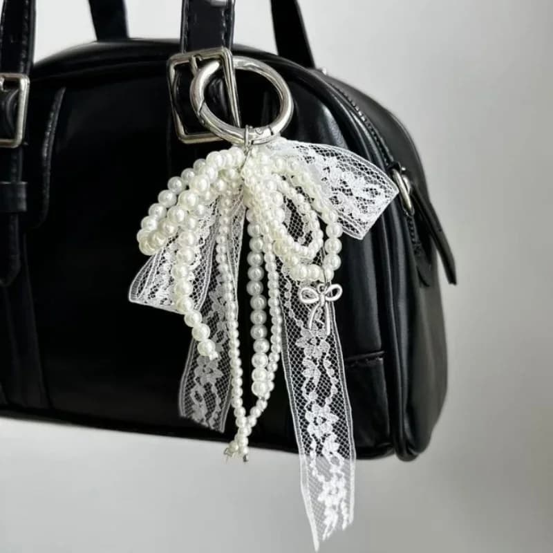 Portachiavi con fiocco in pizzo con perle finte Portachiavi con ciondolo con perline dolci per borsa da donna e portachiavi con zaino Ornamento squisito