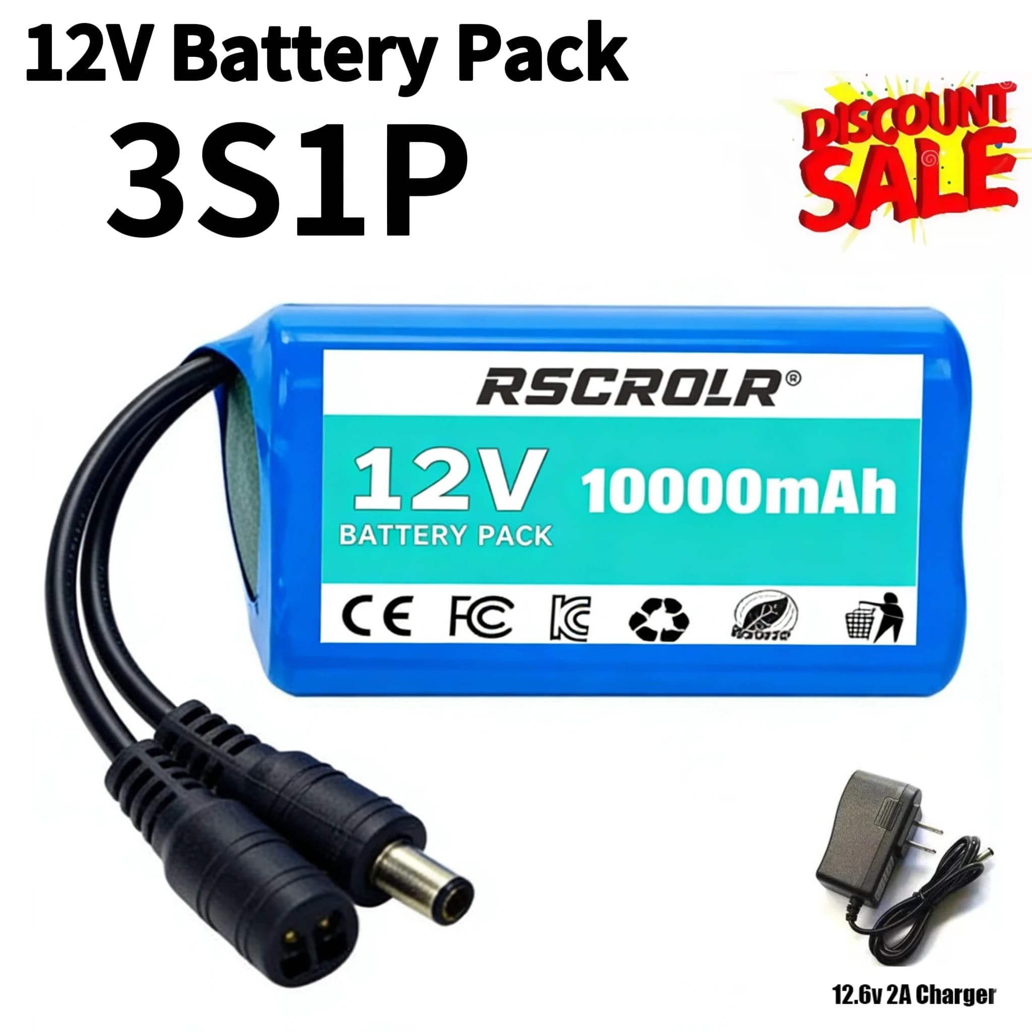 Lithium Battery Pack 12V 10000mAh 3S1P 18650 with BMS Integrated 11.1V/12.6V Rechargeable for Electric Tools, Massage Gun, Brusher