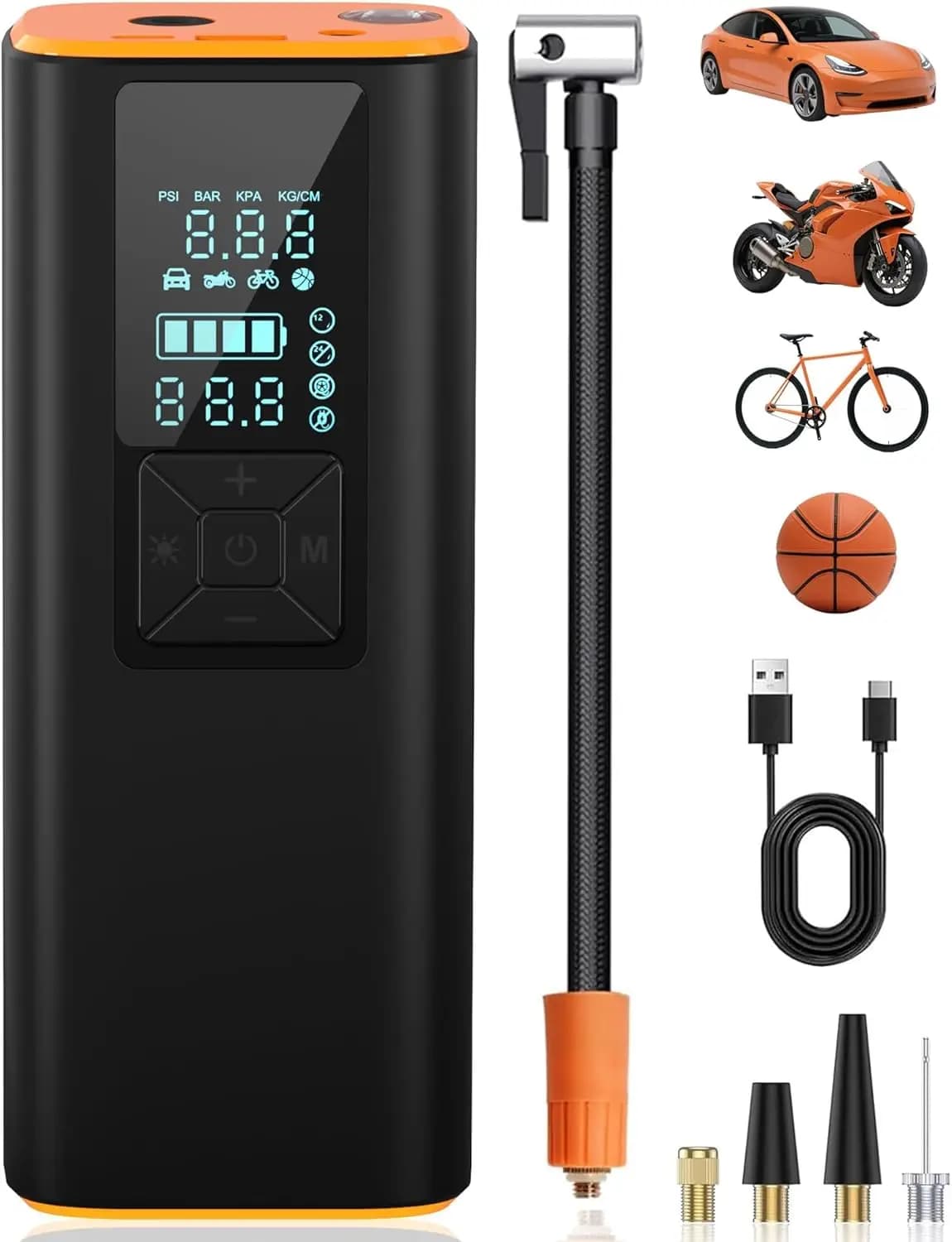 Compressore d'aria portatile per auto, bici, moto - Pompa da 150 PSI con sensore, batteria, display LCD, luce LED