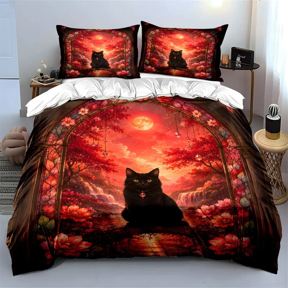 Fantasy Nature Black Cat Duvet Cover Print Bedding Set 1 Duvet Cover 2 Pillowcases for Adult and Children Luxury Gift Full Size