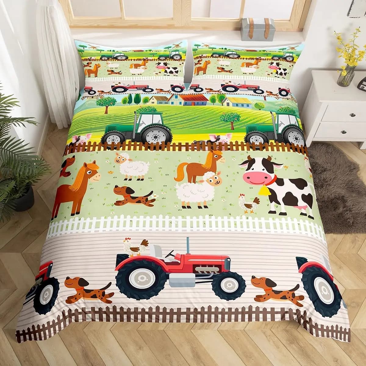 Tractor Bedding Set Toddler Cot Size Cute Cartoon Farm Animals Duvet Cover With 1 Pillowcase For Kids Boys Girls