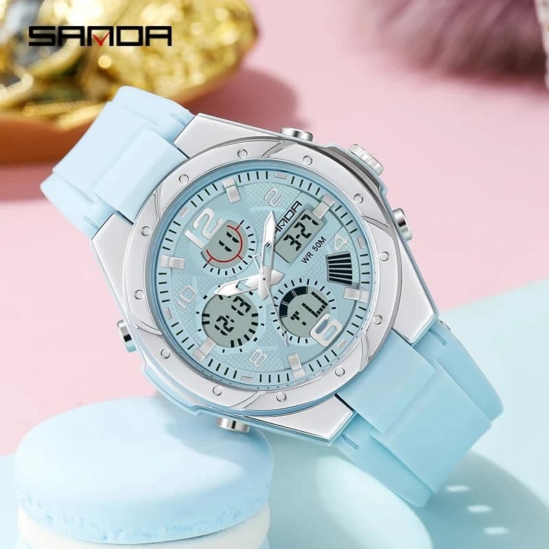 SANDA Pink Watch for Women Analog-Digital Unisex Wristwatch 2026 Fashion Resin Bandwatch Men Watch Luminous Stop Watch 6062
