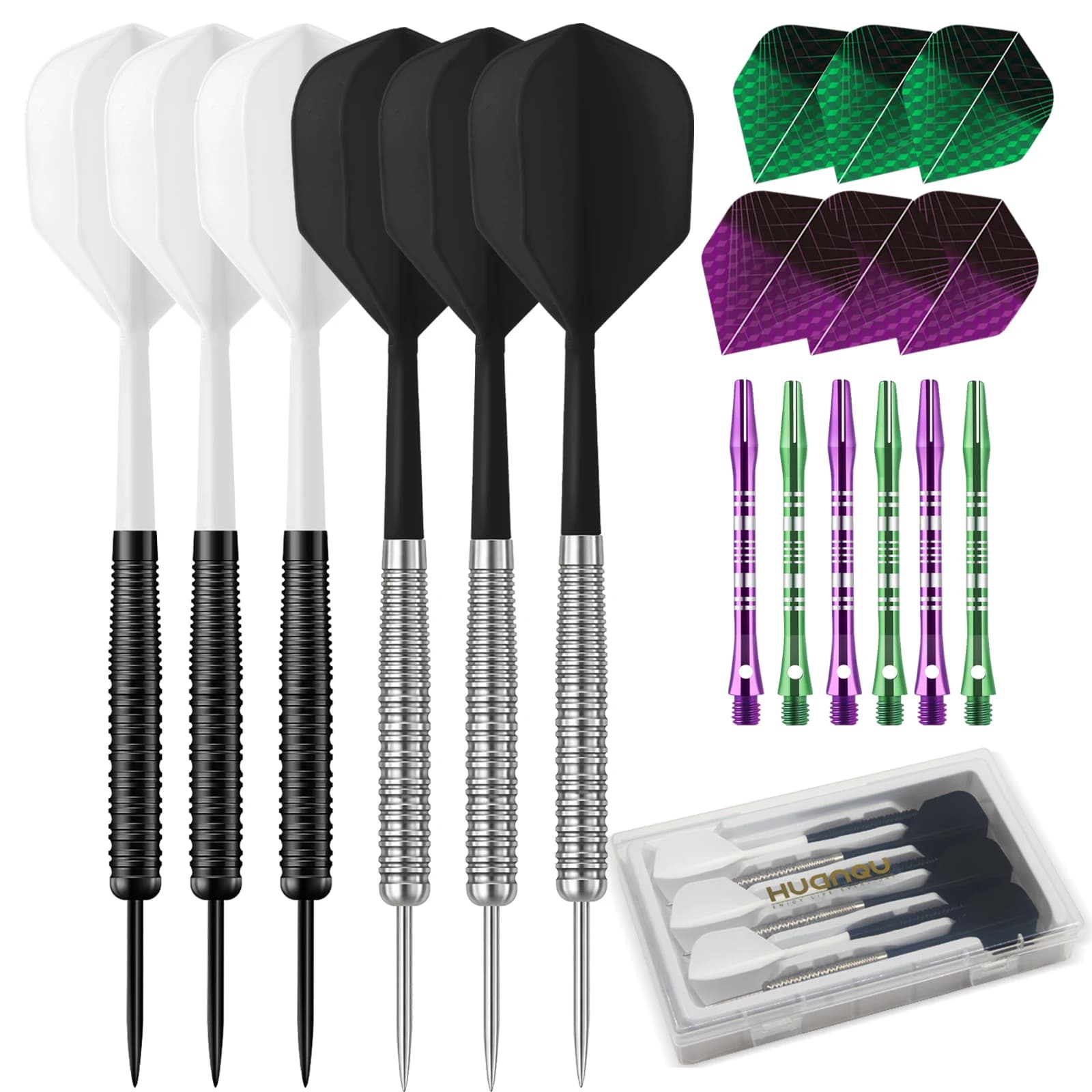 HUANQU 6Pcs 19g Steel Tip Darts Set with Aluminum Shafts PET Flights Integrated Wings Storage Case Professional Dartboard Game