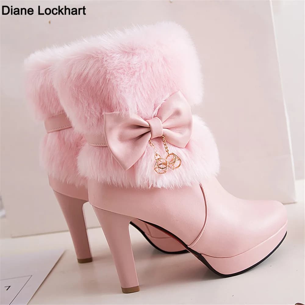 2025 Inverno Donna Moda Stivali tacco alto Rosa Bianco Nero Pelliccia Nappa Bowtie Bella Lolita Ladies Party Scarpe da sposa taglia 32-43
