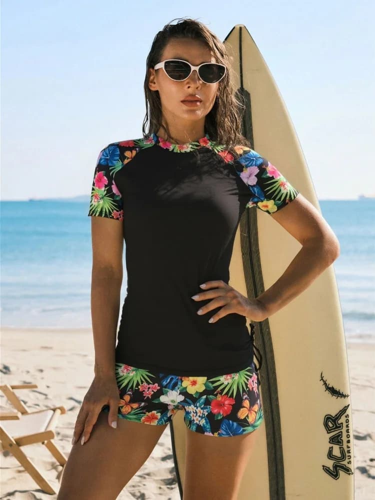 Two Piece Swimsuit Women 2026 New Solid Print Short Sleeves Sexy Tankini Swimwear Summer Shorts Beach Wear Bathing Suit Female