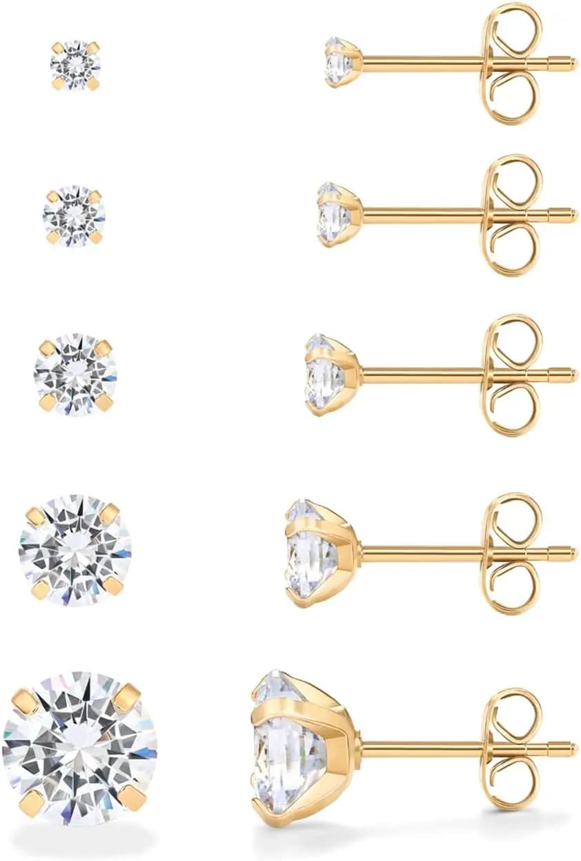 Orecchini a perno impermeabili da donna, cinque paia - Acciaio inossidabile placcato oro 14K, confezione da 5 con zirconi