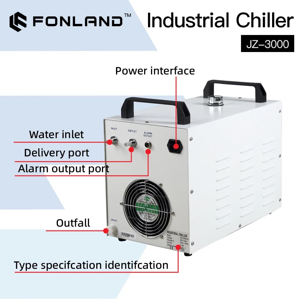 FONLAND JZ-3000 DG110V AG220V Industrial Water Chiller for CO2 Laser Engraving Cutting Machine Cooling 60-80W Laser Tube