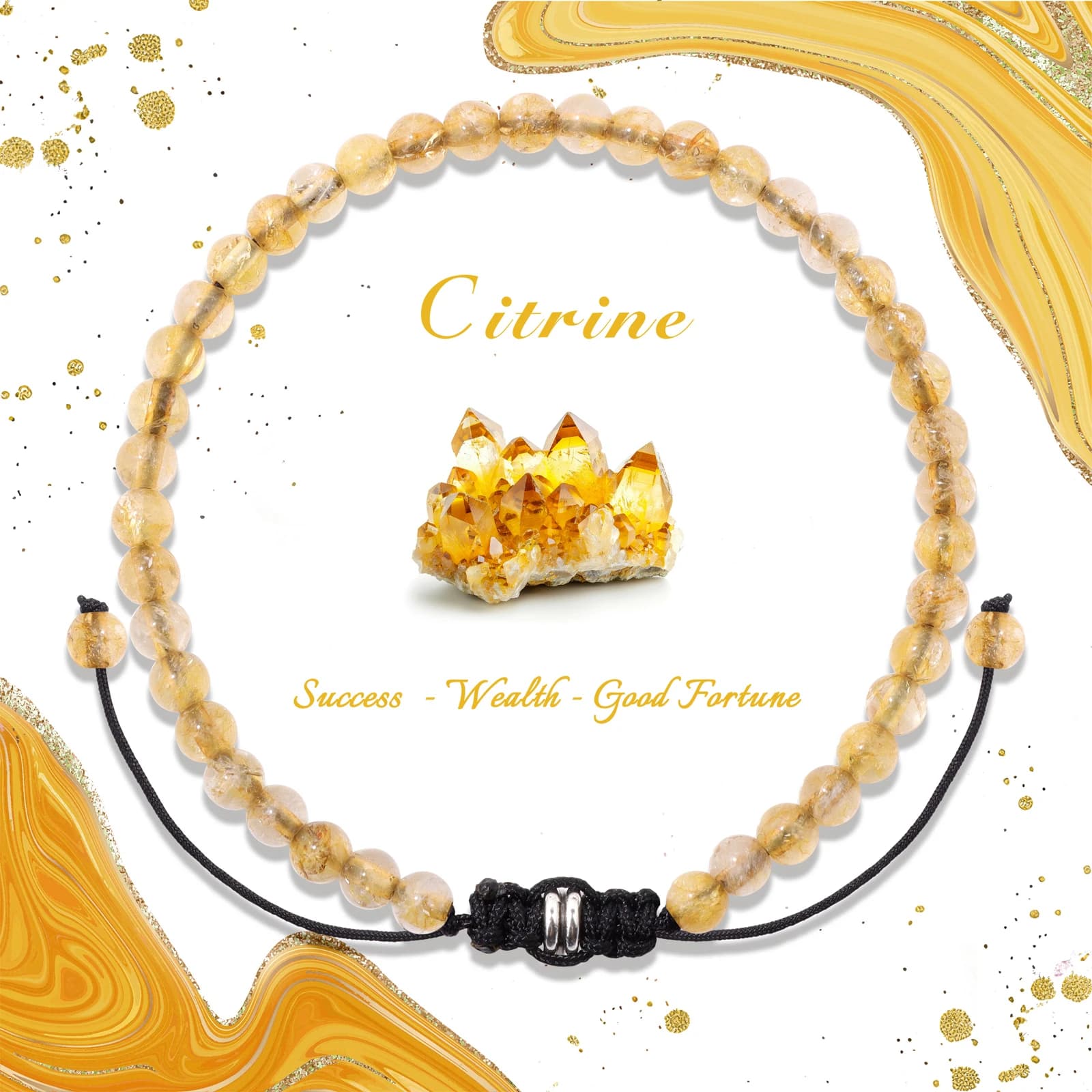 Bracciale con perline di citrini da 4 mm Bracciale intrecciato fatto a mano in pietra naturale regolabile per donne Uomini Successo Ricchezza Buona fortuna Gioielli