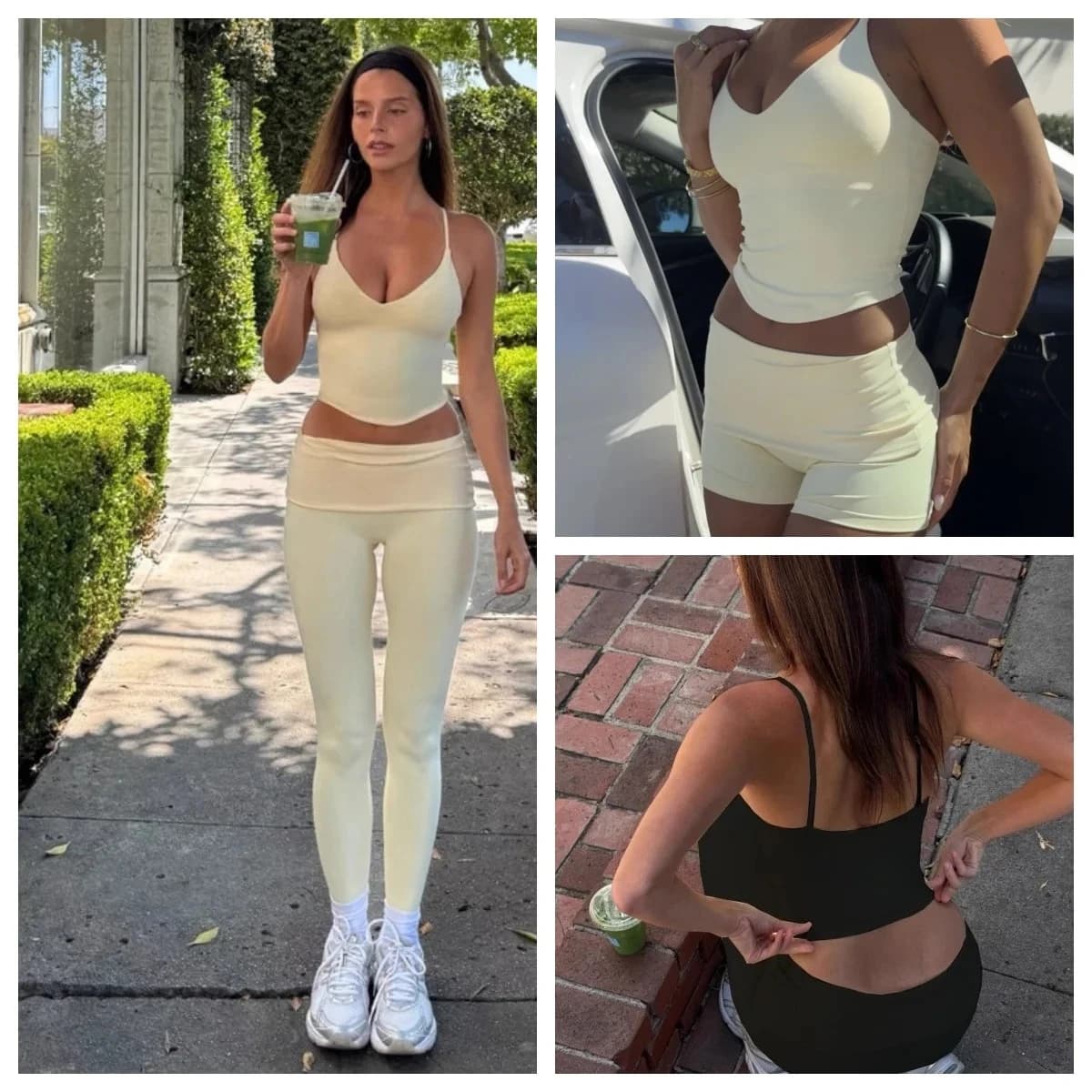 C-B V-neck halter yoga vest with folded waist, nude-feel shorts & leggings, perfect for gym workouts, women's sportswear set.